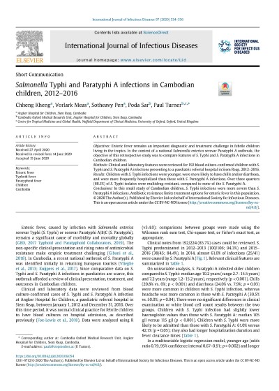 Salmonella Typhi and Paratyphi A infections in Cambodian Children, 2012-2016