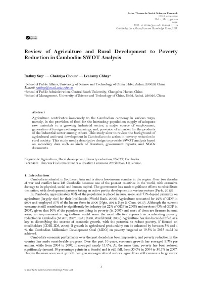 Review of Agriculture and Rural Development to Poverty Reduction in Cambodia: SWOT Analysis