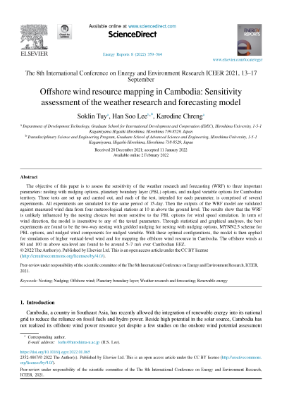 Offshore wind resource mapping in Cambodia: Sensitivity assessment of the weather research and forecasting model