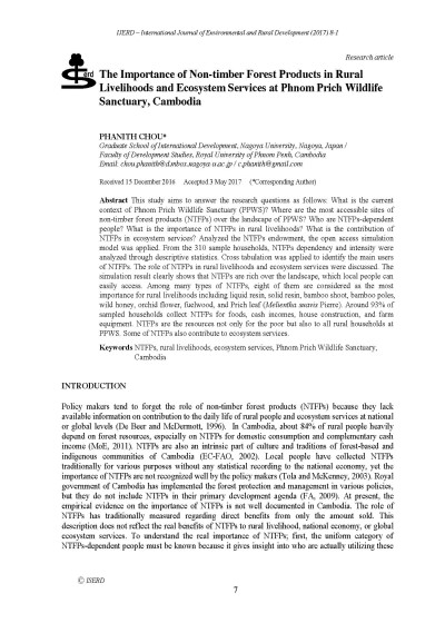 The Impactance of Non-timber Forest Products in Rural Livelihoods and Ecosystem Services at Phnom Prich Wildlife Sanctuary, Cambodia