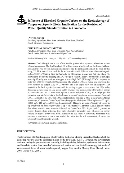 Influence of Dissolved Organic Carbon on the Excotoxicology of Copper on Aquatic Biota: Implication for the Revision of Water Quality Standardization in Cambodia