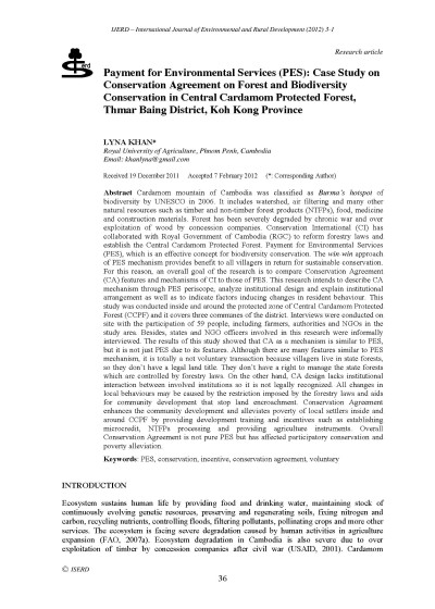 Payment for Environmental Services( PES): Case Study on Conservation Agreement on Forest and Biodiversity Conservation in Central Cardamon Protected Forest, Thmar Baing District, Koh Kong Province