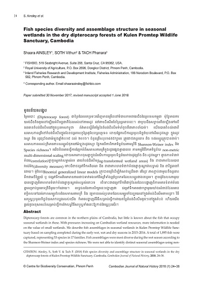 Fish species diversity and assemblage structure in seasonal wetlands in the dry dipterocarp forests of Kulen Promtep Wildlife Sanctuary, Cambodia
