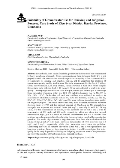 Suitability of Groundwater Use for Drinking and Irrigation Purpose, Case Study of Kien Svay District, Kandal Province, Cambodia